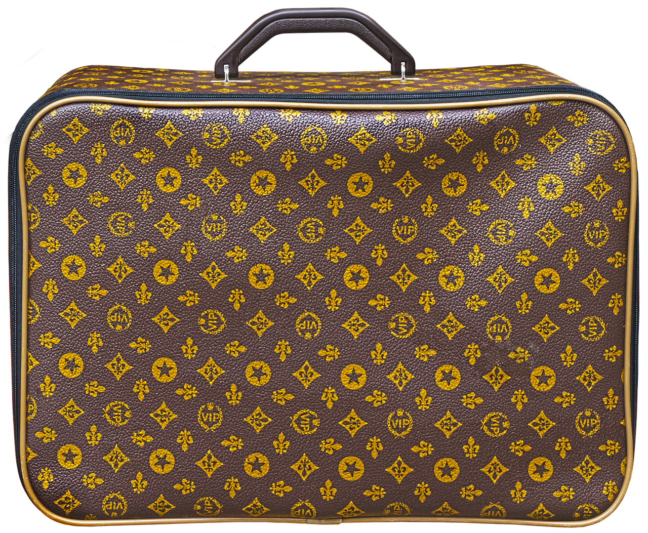 Ein braun gemusterter Koffer steht bereit für die sichere Gepäckaufbewahrung auf Reisen.