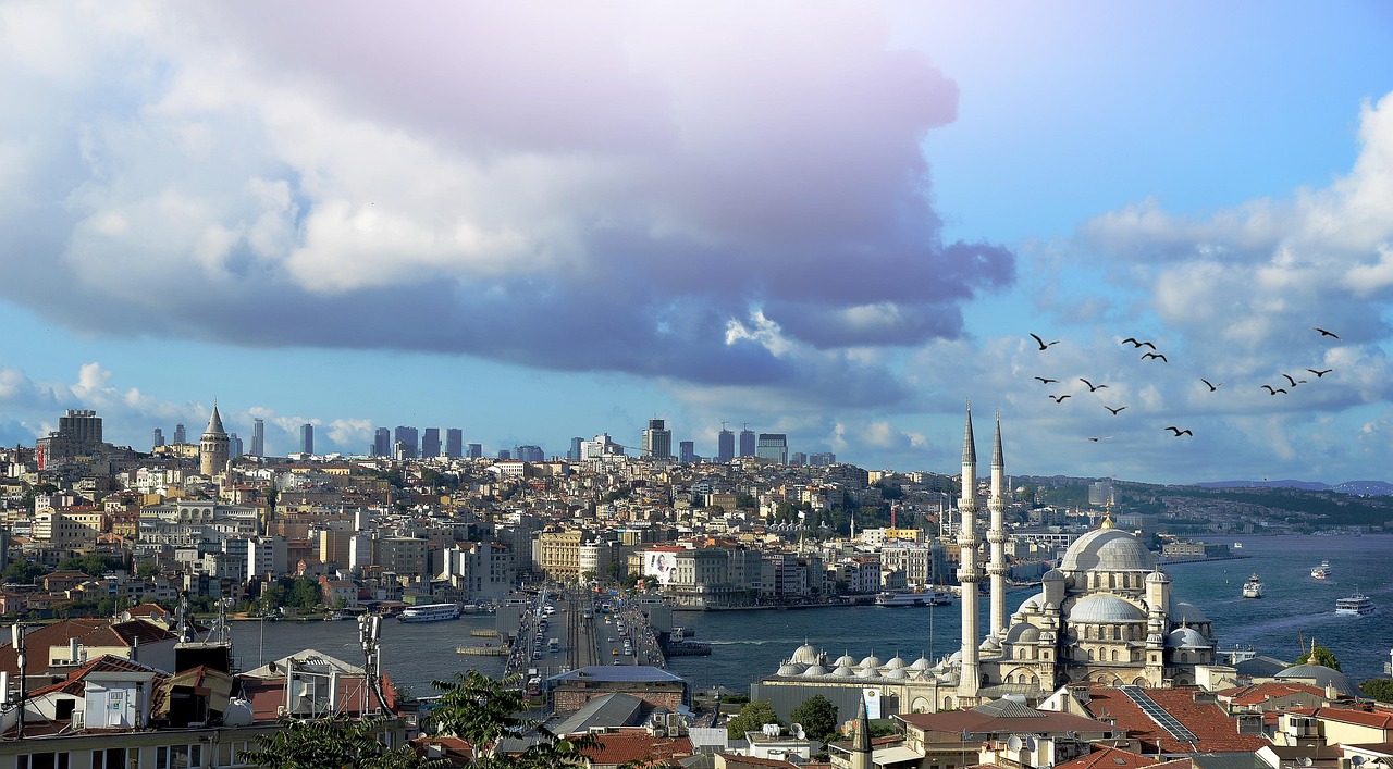 Panorama von Istanbul mit der Galata-Brücke, der Neuen Moschee und dem fernen Galataturm.