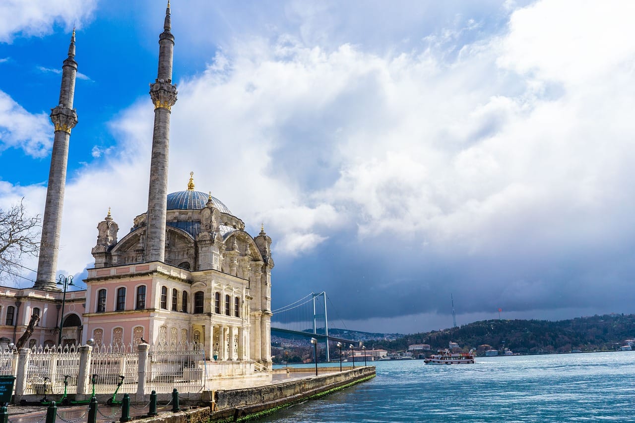 Aussichtspunkt an der Ortaköy-Moschee mit Blick auf die Bosporus-Brücke.